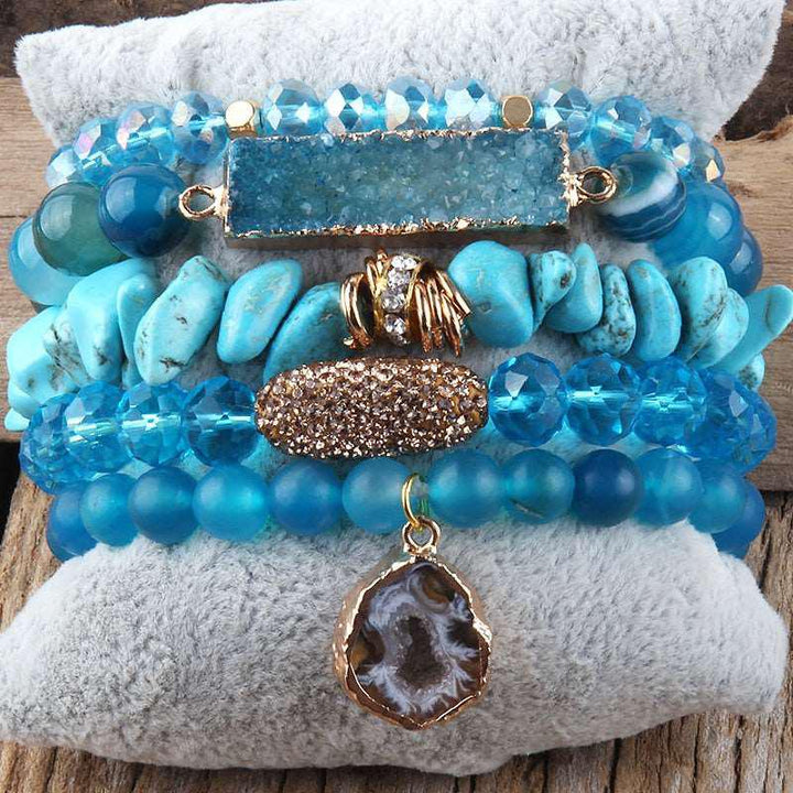 Boho Beaded Bracelet Sets Druzy Charm 5pc Stack Bracelets