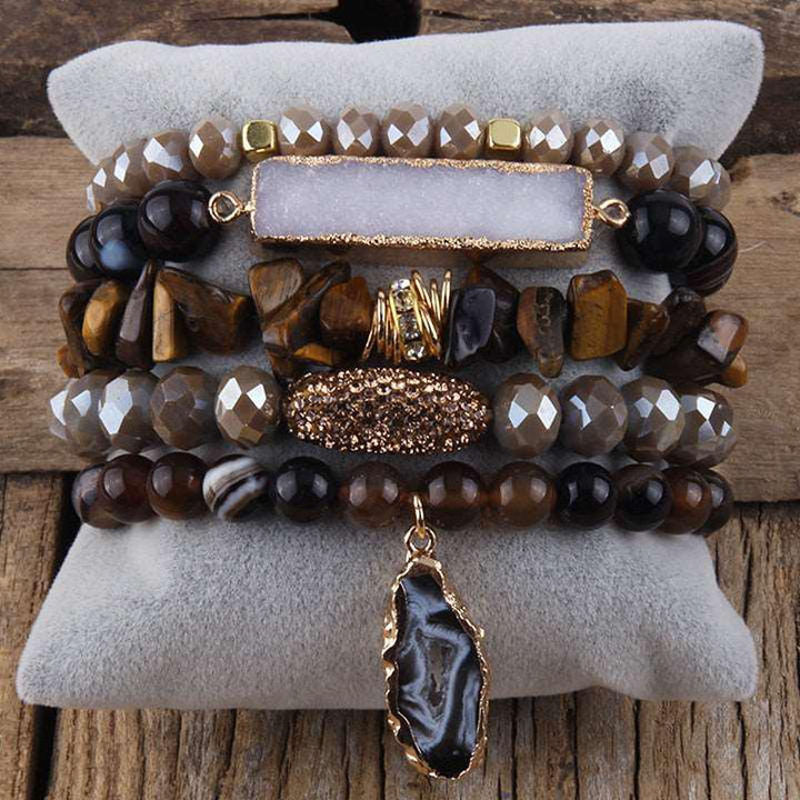 Boho Beaded Bracelet Sets Druzy Charm 5pc Stack Bracelets