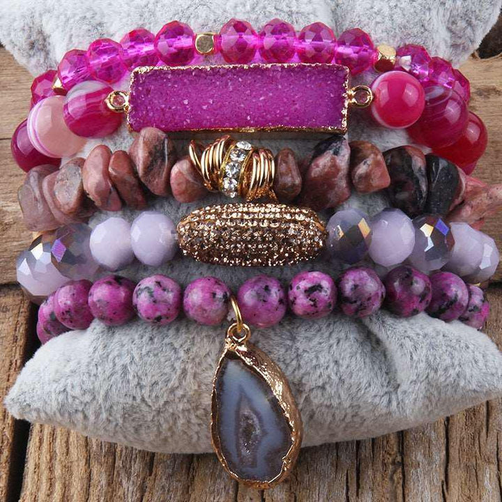 Boho Beaded Bracelet Sets Druzy Charm 5pc Stack Bracelets