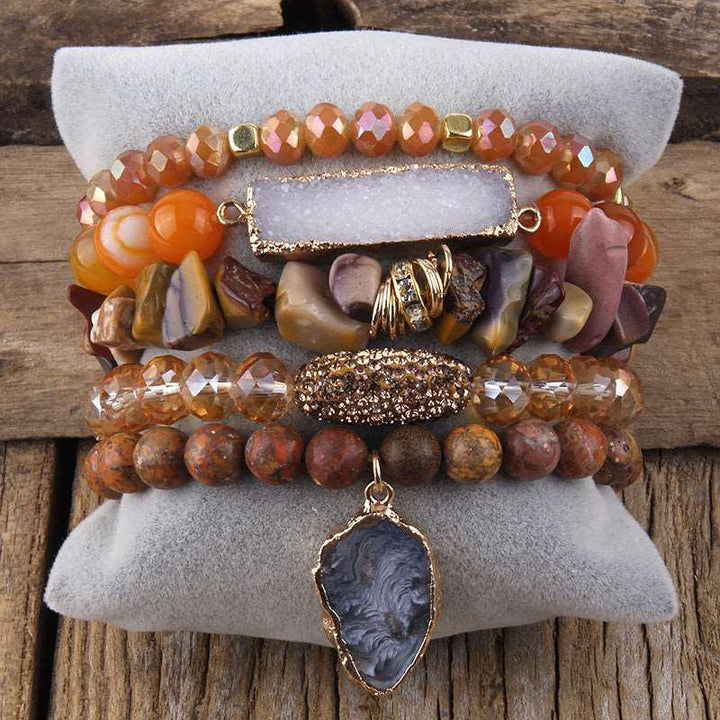 Boho Beaded Bracelet Sets Druzy Charm 5pc Stack Bracelets