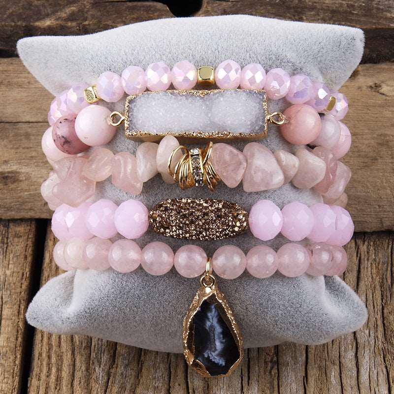 Boho Beaded Bracelet Sets Druzy Charm 5pc Stack Bracelets