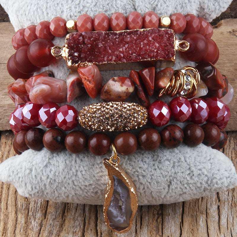 Boho Beaded Bracelet Sets Druzy Charm 5pc Stack Bracelets