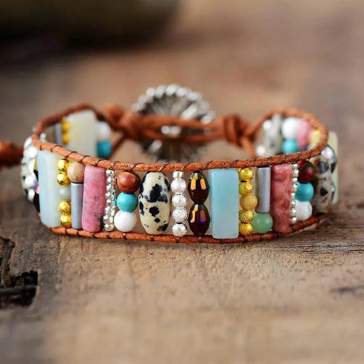 Boho Bracelet Natural Stone Single Leather Wrap Bracelet