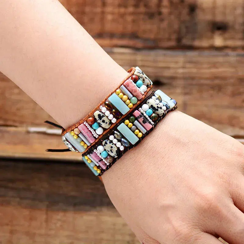 Boho Bracelet Natural Stone Single Leather Wrap Bracelet