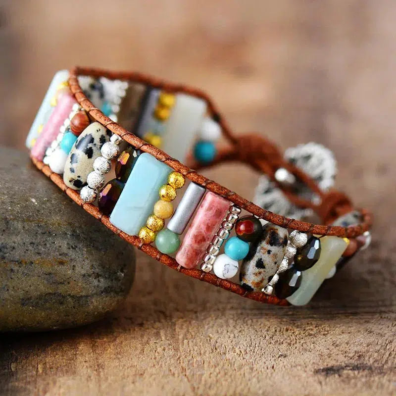 Boho Bracelet Natural Stone Single Leather Wrap Bracelet