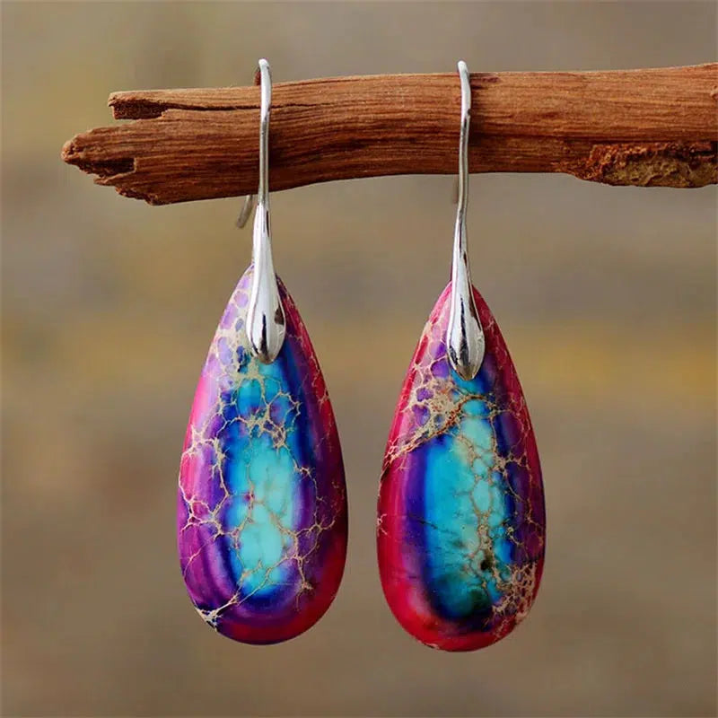 Boho Crystal Water Drop Jasper Dangle Earrings