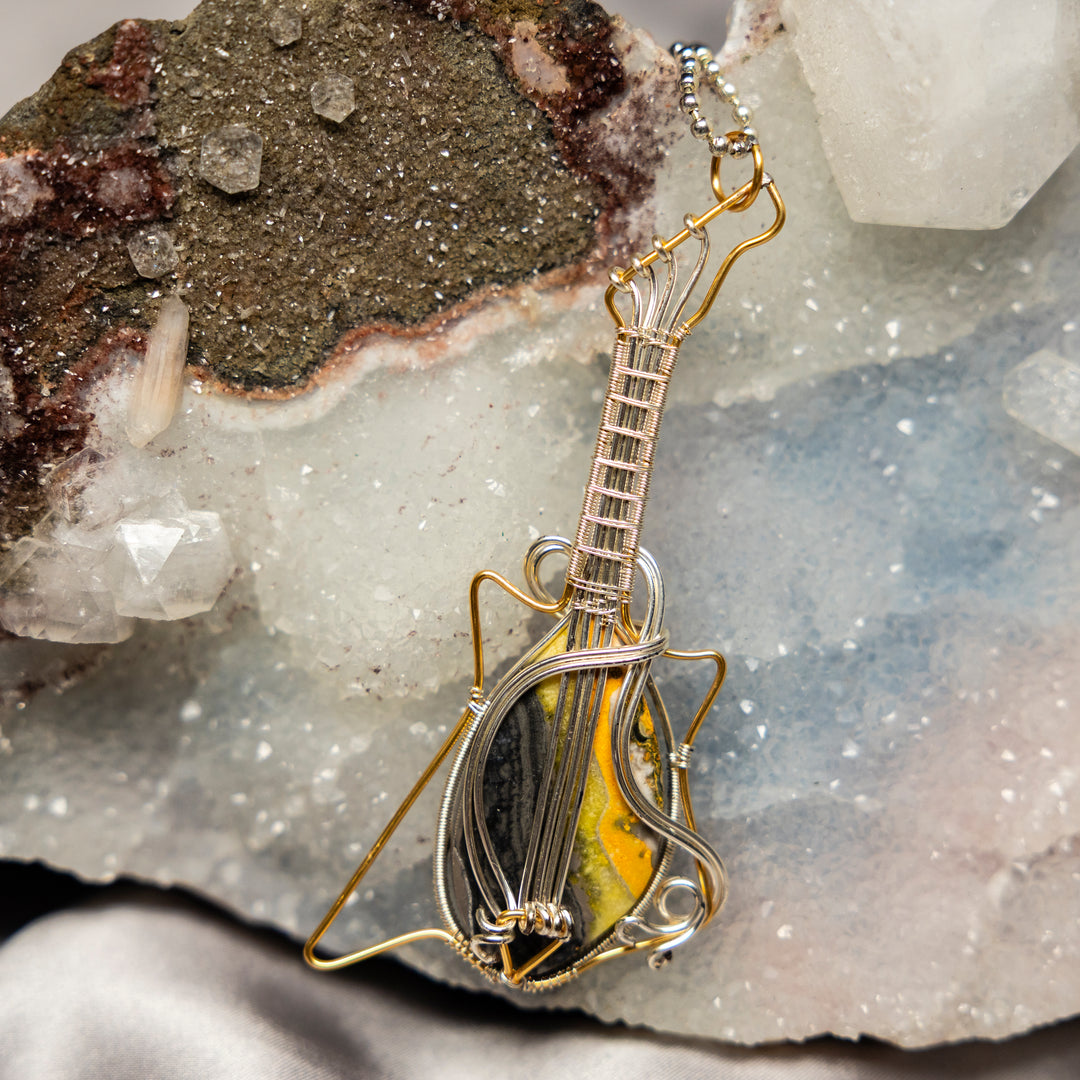Bumblebee Jasper "Guitar" #1 Wire Wrap Crystal Pendant-Wire Wraps-Crystal Destiny-Bumblebee Jasper-4.00"-Crystal Destiny