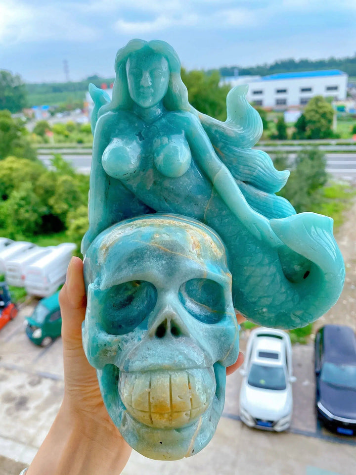 Caribbean Calcite “Love Kills” Carving Mermaid And Skull