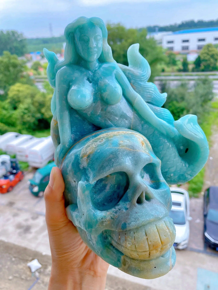 Caribbean Calcite “Love Kills” Carving Mermaid And Skull