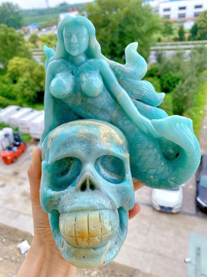 Caribbean Calcite “Love Kills” Carving Mermaid And Skull