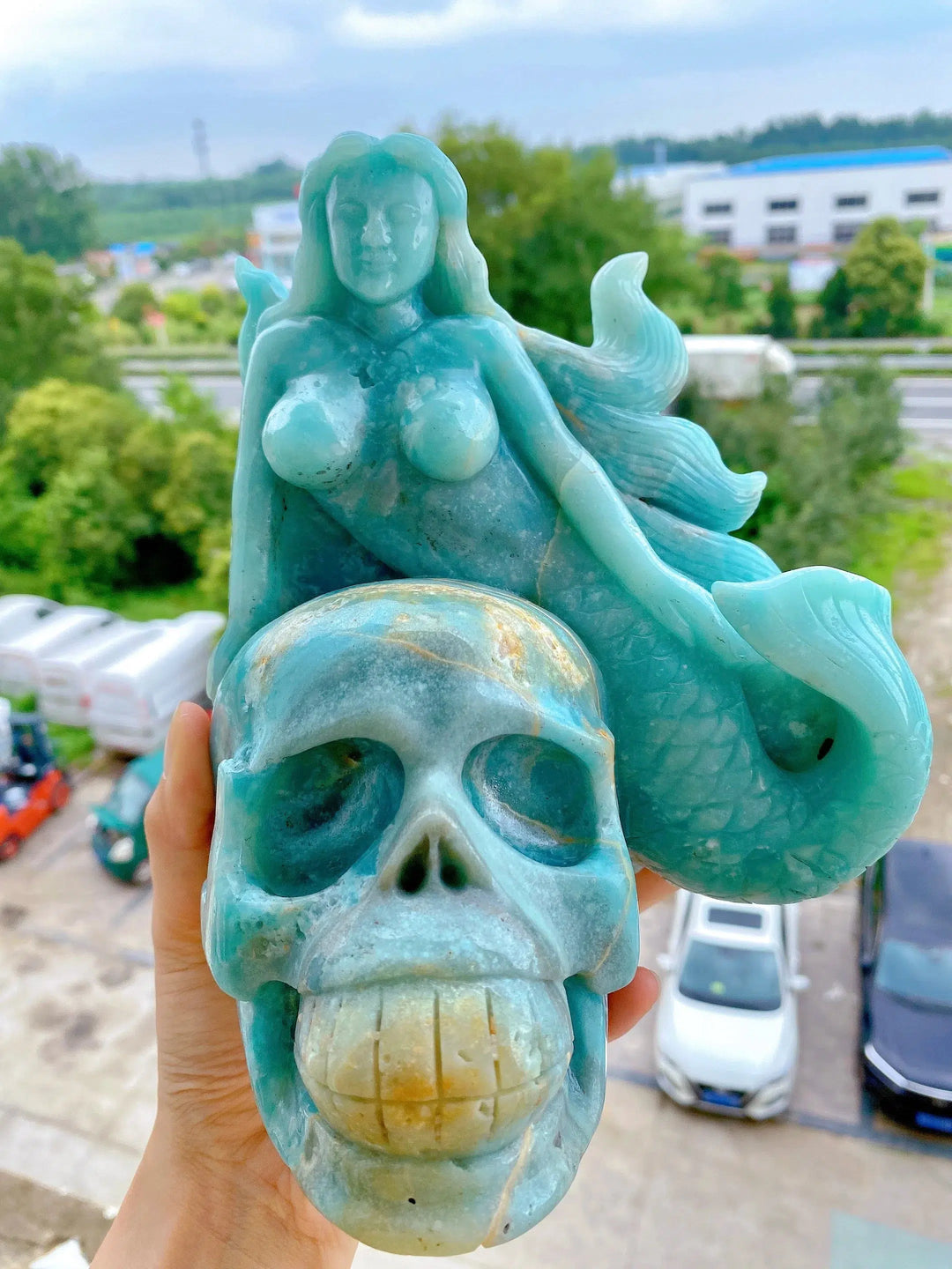 Caribbean Calcite “Love Kills” Carving Mermaid And Skull