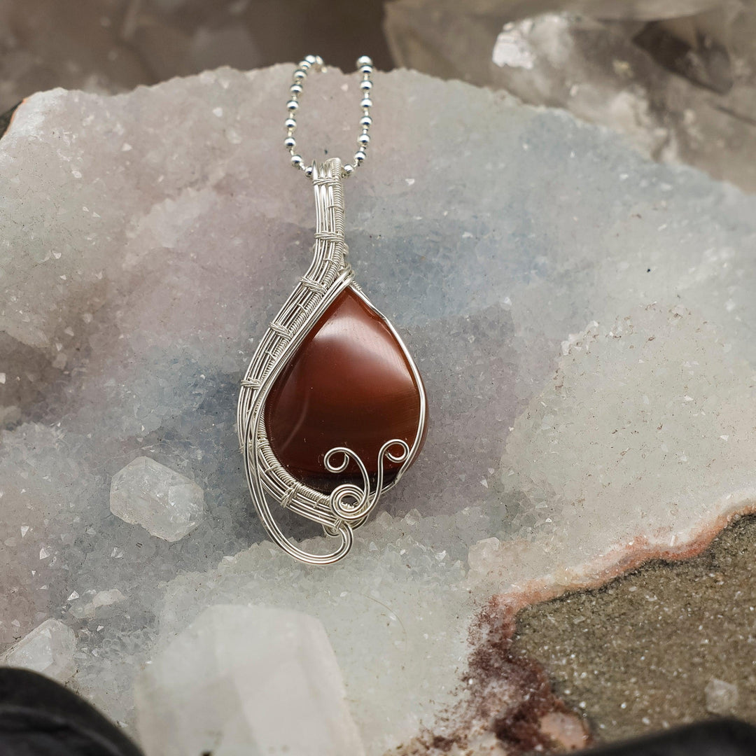 Carnelian Wire Wrap Pendant Necklace - 2.5"