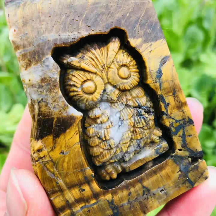 Carved Yellow Tiger Eye Owl Slice