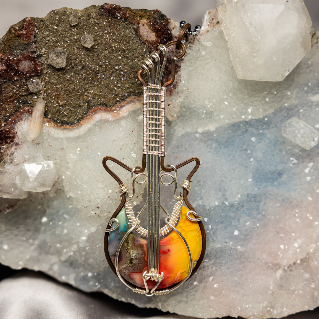 Chakra Agate "Guitar" Wire Wrap Crystal Pendant
