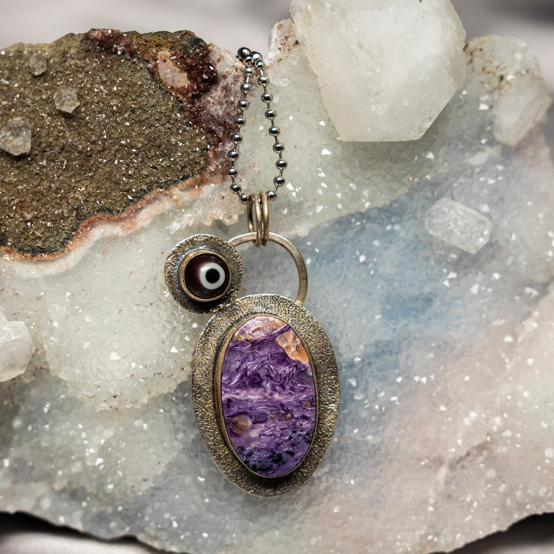 Charoite and Evil Eye On 925 Silver Pendant-925 Sterling Silver-Crystal Destiny-Charoite-2.50"-Crystal Destiny