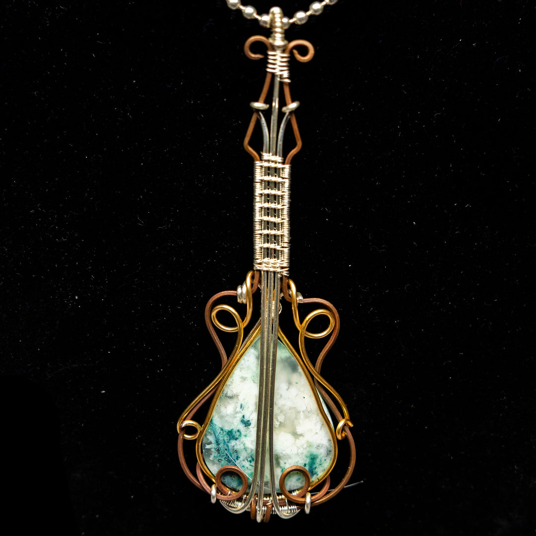 Chrysocolla In Quartz "Guitar" Wire Wrap Crystal Pendant