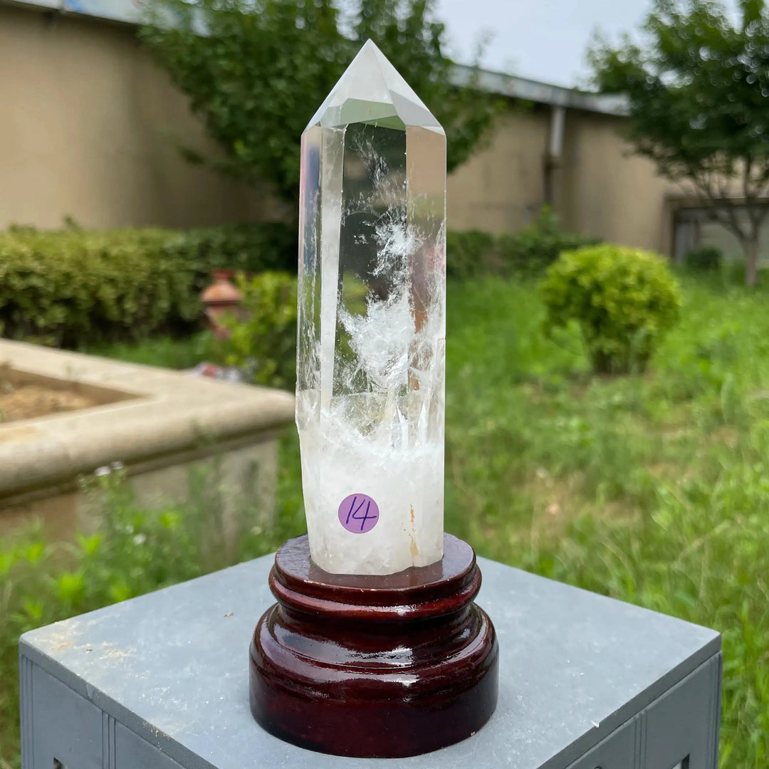 Clear Quartz Tower with Wood Base