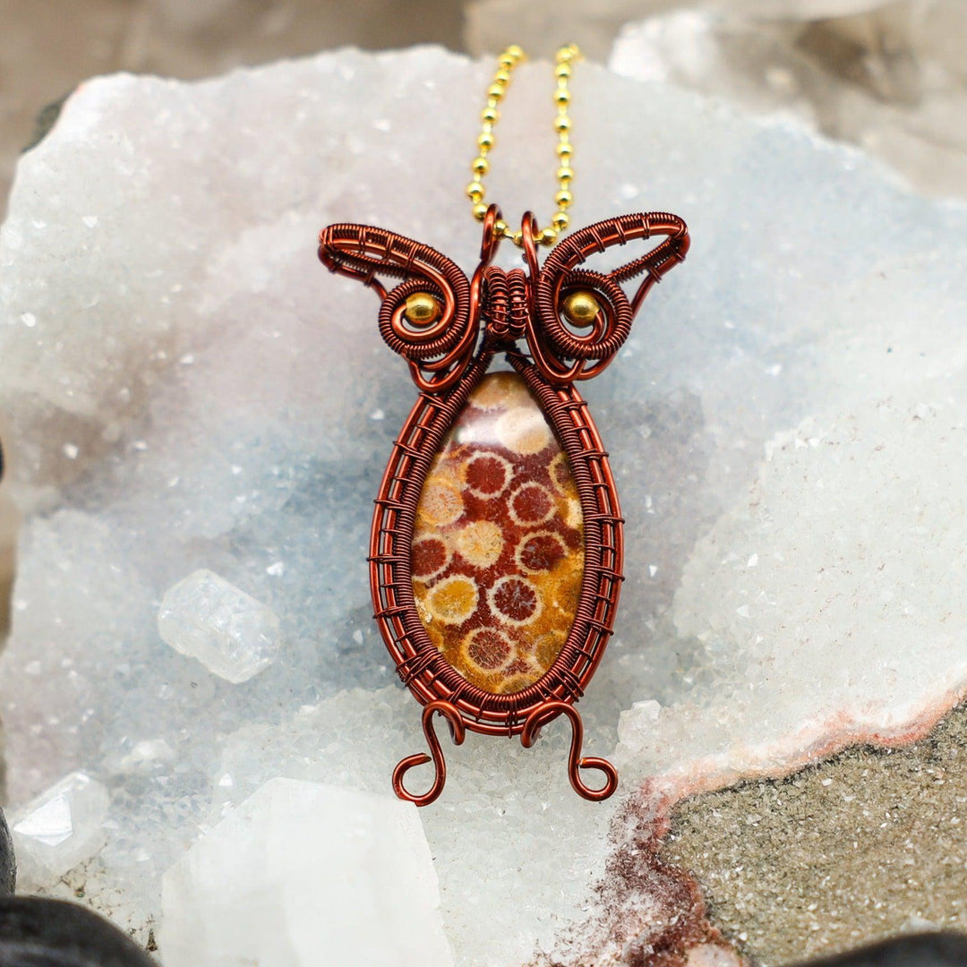 Coral Fossil Wire Wrap Owl Pendant — 2.55"