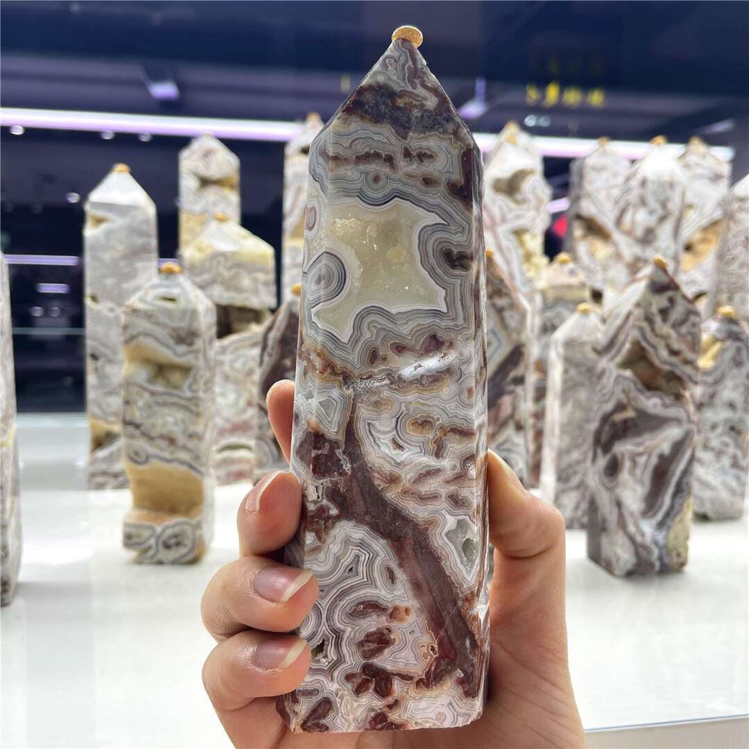 Crazy Lace Agate Crystal Obelisk With Druzy's