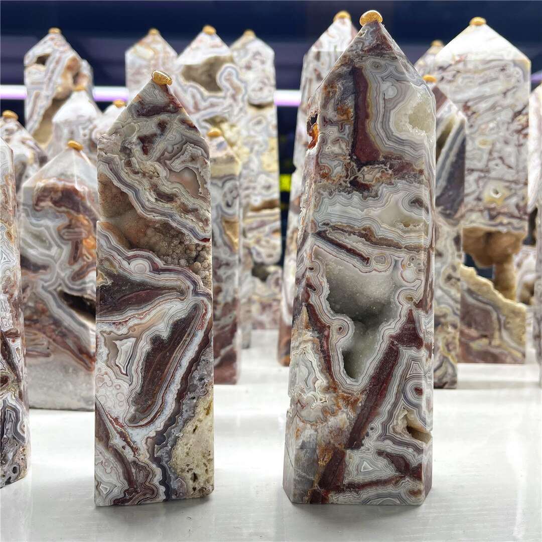 Crazy Lace Agate Crystal Obelisk With Druzy's