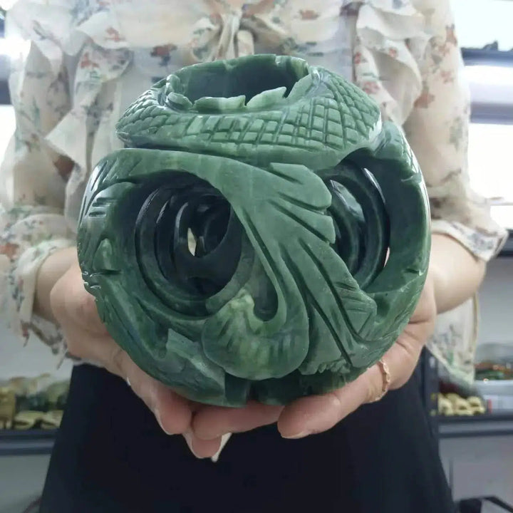 Cyan Jade Carved Inclusion Sphere