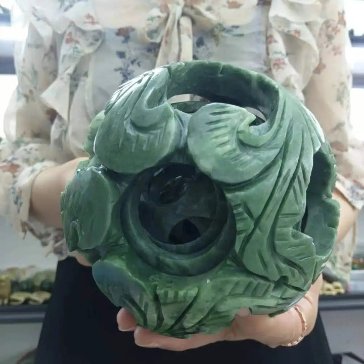 Cyan Jade Carved Inclusion Sphere