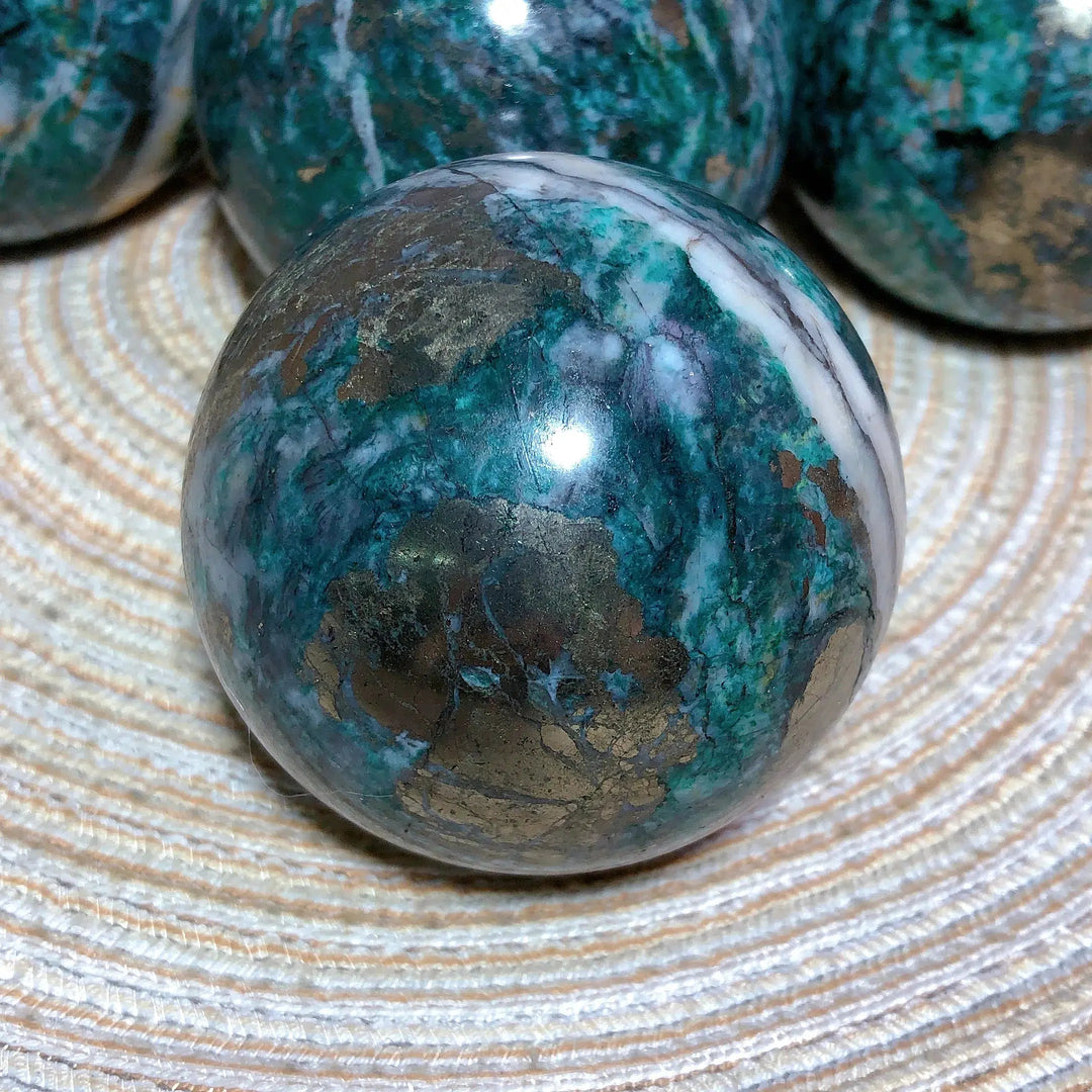 Dioptase and Pyrite Sphere