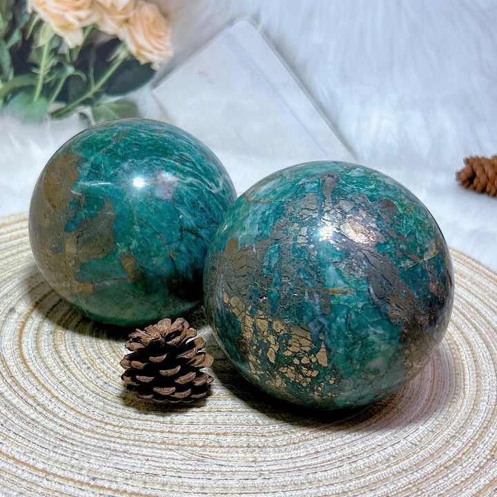 Dioptase and Pyrite Sphere