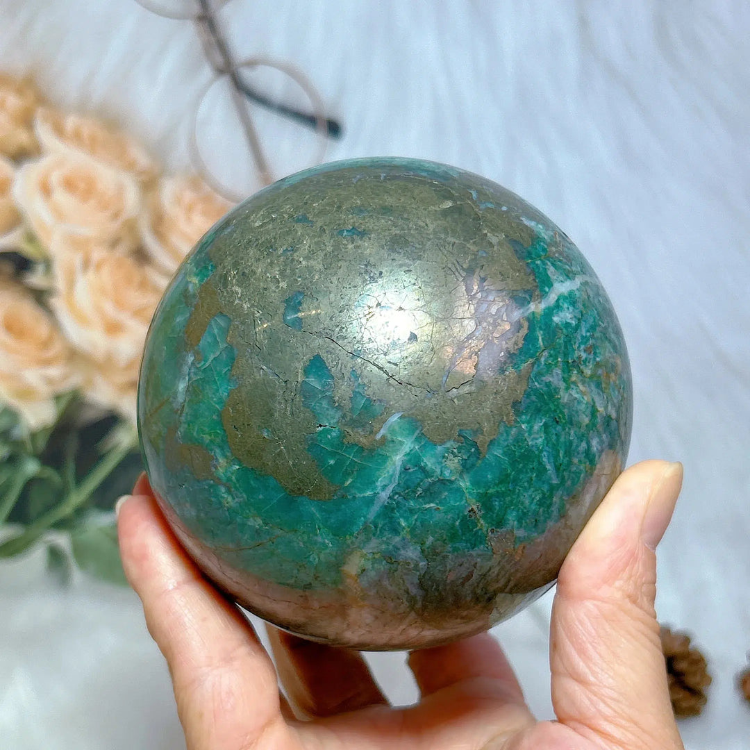 Dioptase and Pyrite Sphere