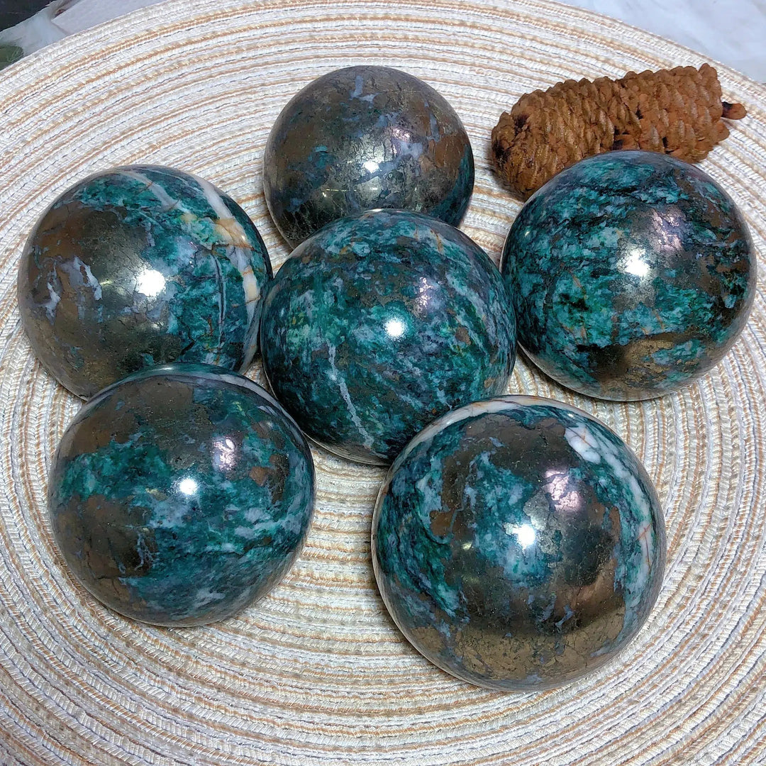 Dioptase and Pyrite Sphere