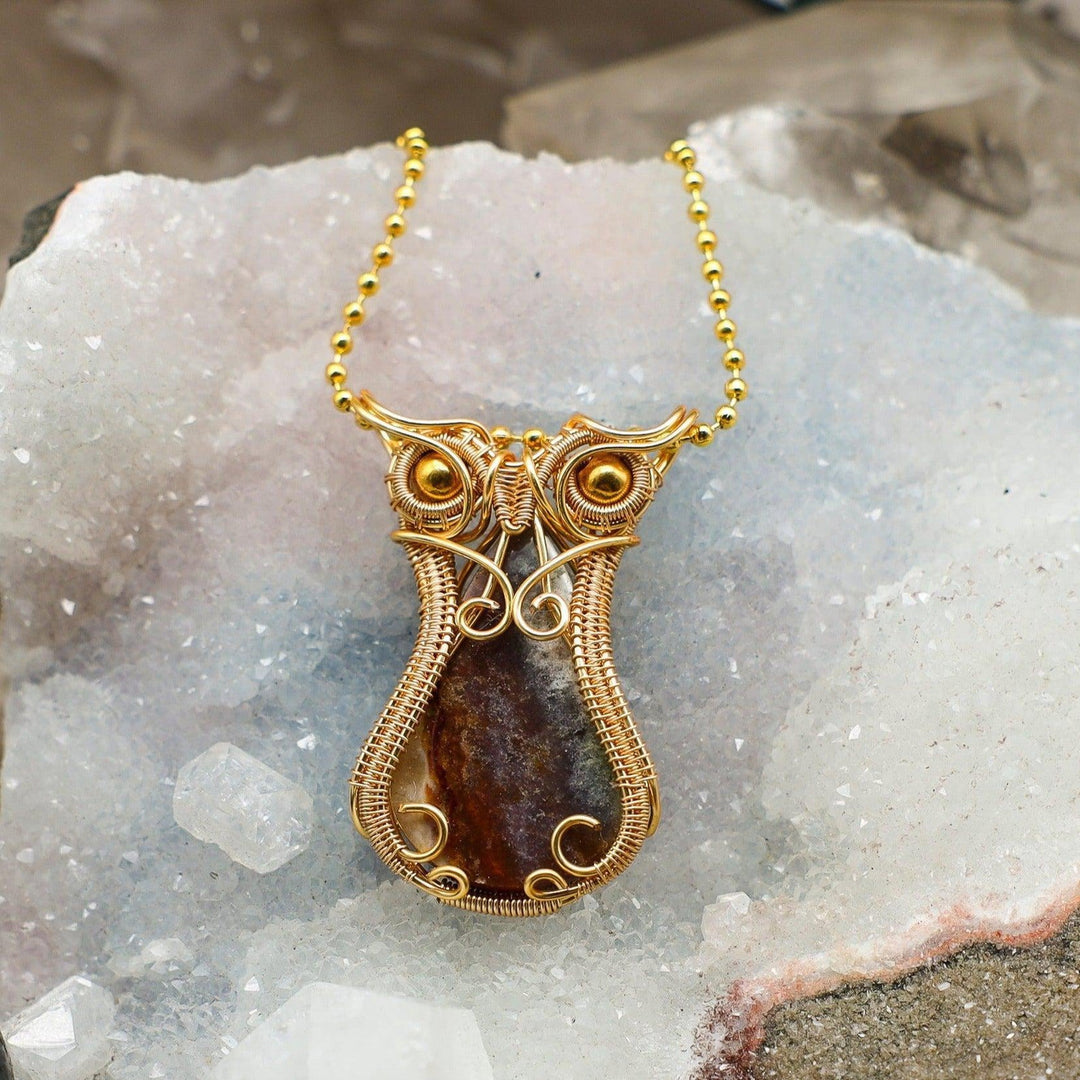 Fire Agate Owl Wire Wrap Pendant - 2"