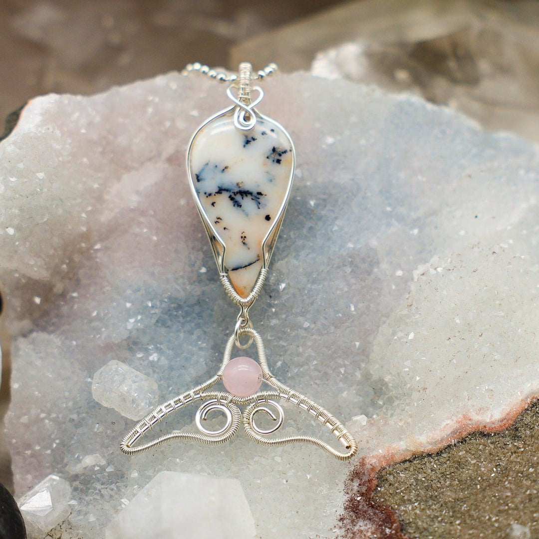 Fish Agate With Dendrites And Rose Quartz Bead Wire Wrap Pendant - 1.55"