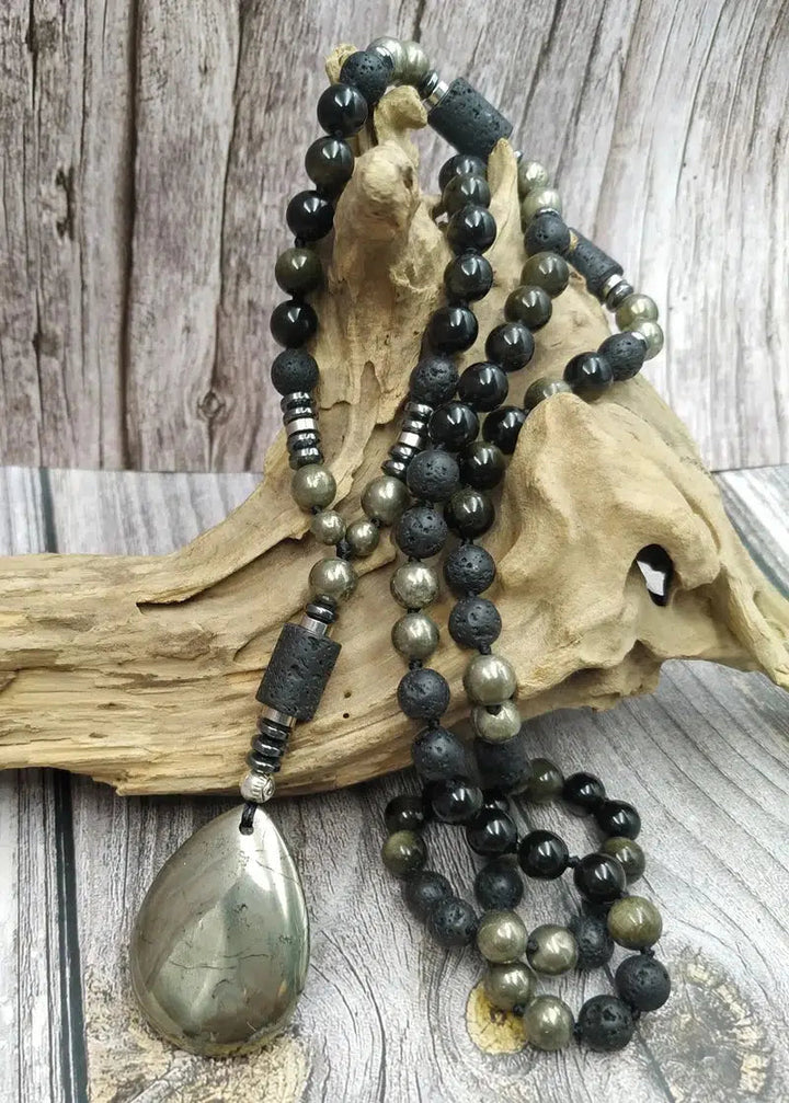 GROUNDING… Pyrite, Obsidian, Lava Beads, & Hematite Handmade Mala Necklaces