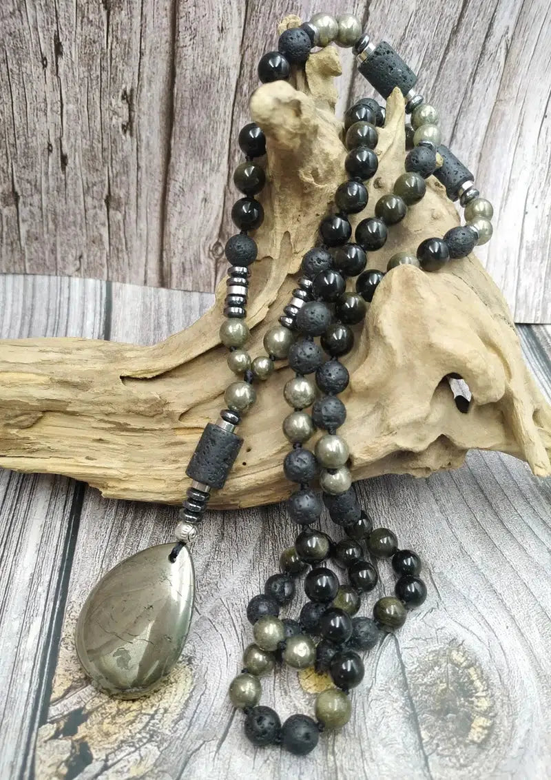 GROUNDING… Pyrite, Obsidian, Lava Beads, & Hematite Handmade Mala Necklaces