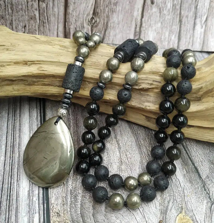 GROUNDING… Pyrite, Obsidian, Lava Beads, & Hematite Handmade Mala Necklaces