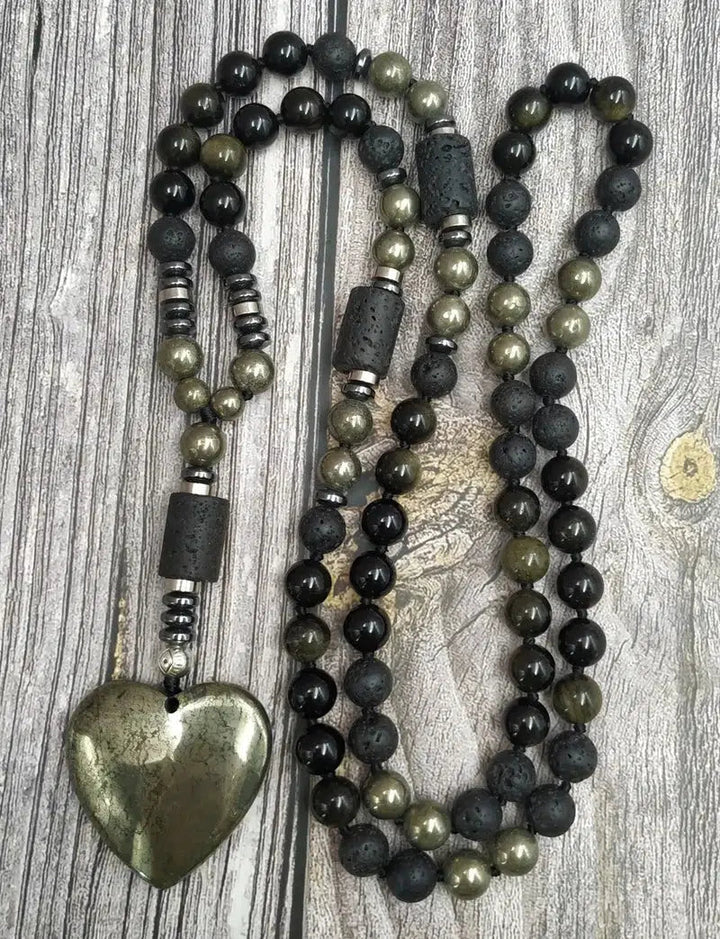 GROUNDING… Pyrite, Obsidian, Lava Beads, & Hematite Handmade Mala Necklaces