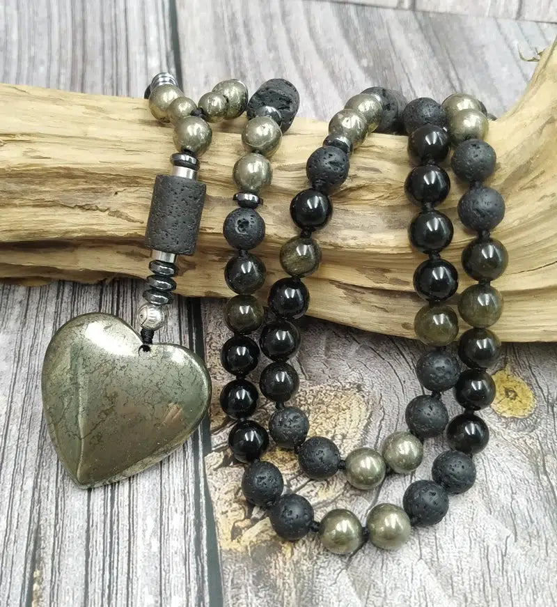 GROUNDING… Pyrite, Obsidian, Lava Beads, & Hematite Handmade Mala Necklaces