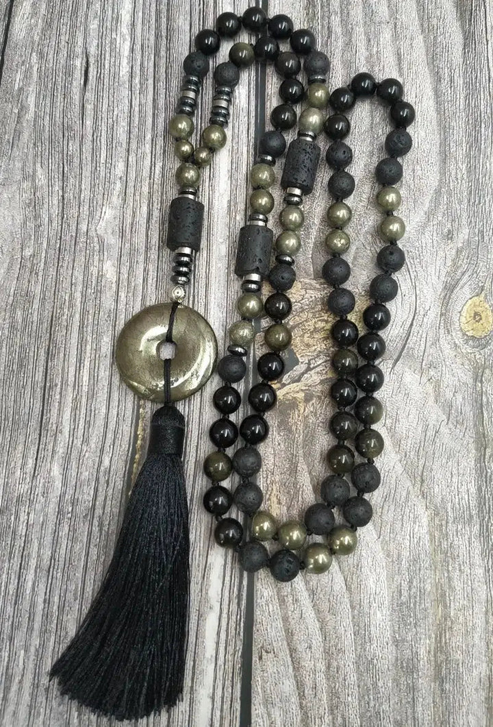 GROUNDING… Pyrite, Obsidian, Lava Beads, & Hematite Handmade Mala Necklaces