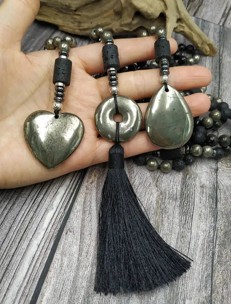 GROUNDING… Pyrite, Obsidian, Lava Beads, & Hematite Handmade Mala Necklaces