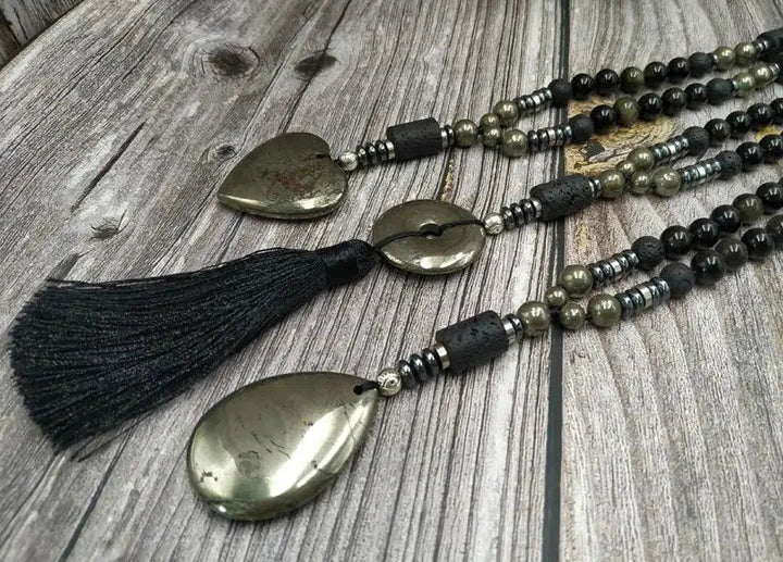 GROUNDING… Pyrite, Obsidian, Lava Beads, & Hematite Handmade Mala Necklaces