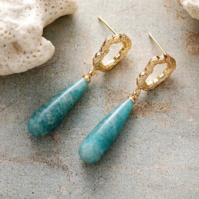 Gold Plated Natural Crystal Gemstone Dangle Earrings