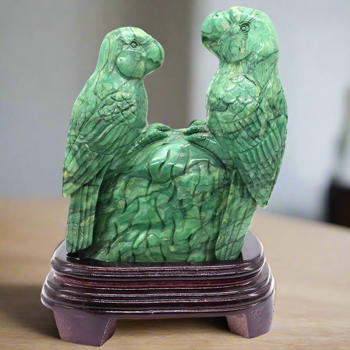 Green Jade Crystal Carved Parrots