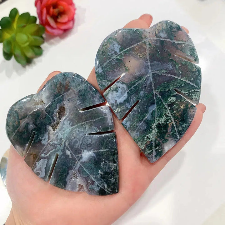 Green Moss Agate Leaf Carving