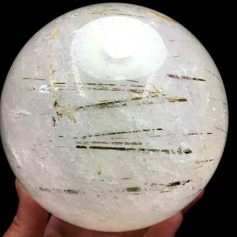 Quartz Sphere with Green Tourmaline Rutile Inclusions + Stand