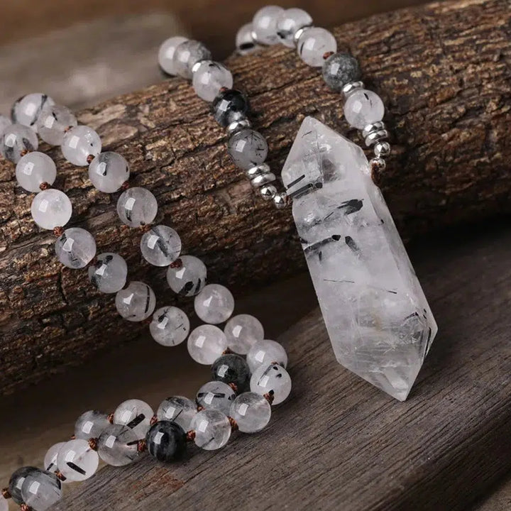 Powerful Black Rutilated Quartz Double Point Cord Knotted Necklace Mala