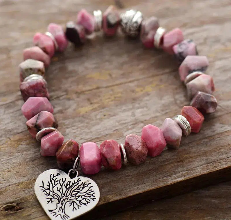 Heart Shape Charm Rhodonite Stretch Elastic Bracelet