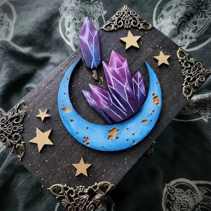 Hidden Key Wooden Moon And Crystals Box