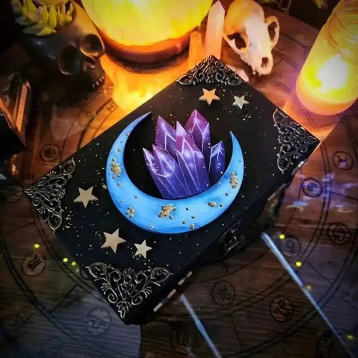 Hidden Key Wooden Moon And Crystals Box