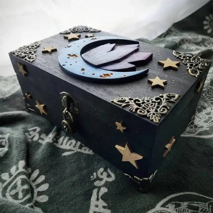 Hidden Key Wooden Moon And Crystals Box