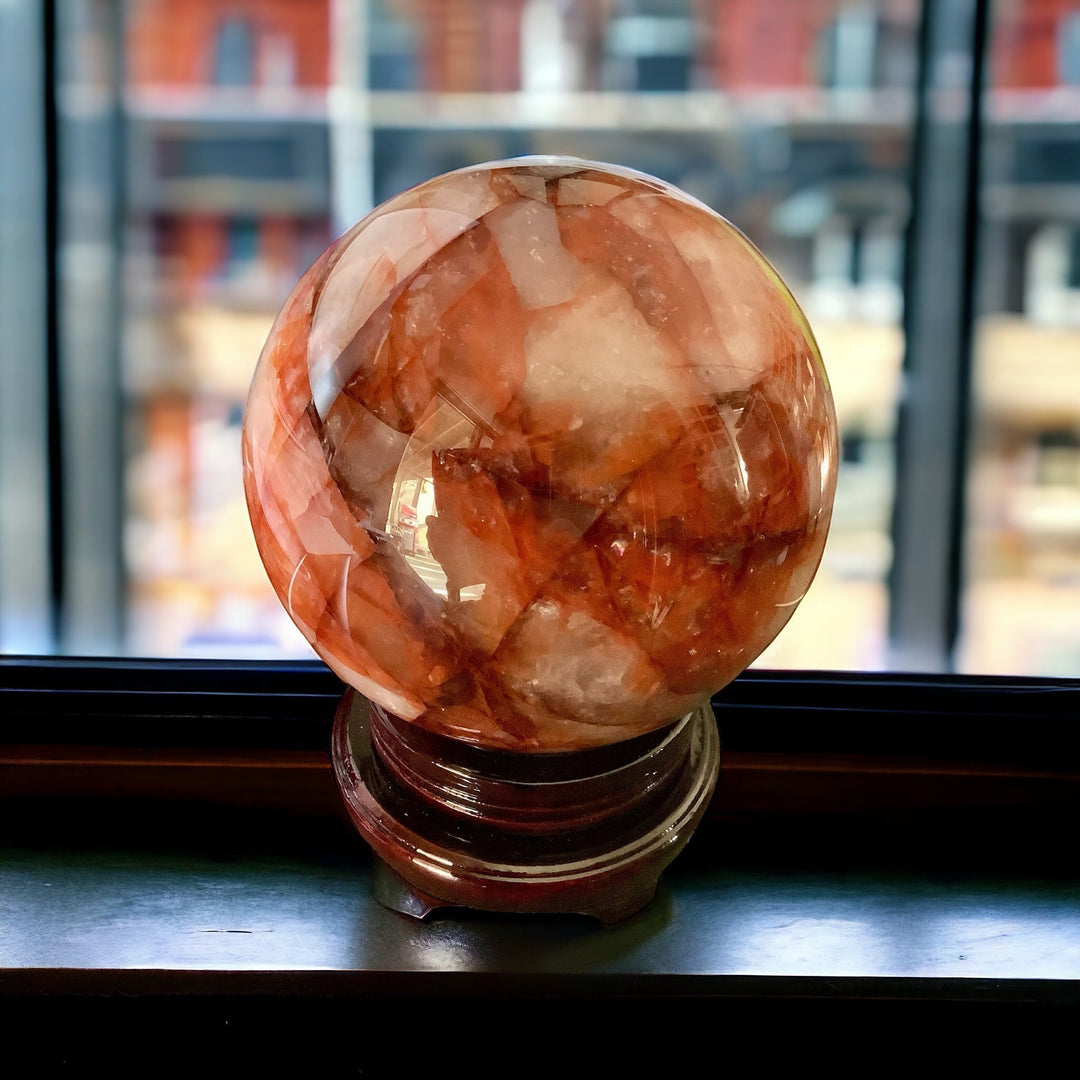 Huge 15.3 Lbs Hematoid “Fire” Quartz Sphere with Stand